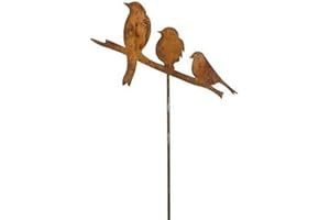 VOSTEEN Blümelhuber Piquet de jardin avec 3 oiseaux 114 cm Grande décoration de jardin en métal avec patine effet rouille