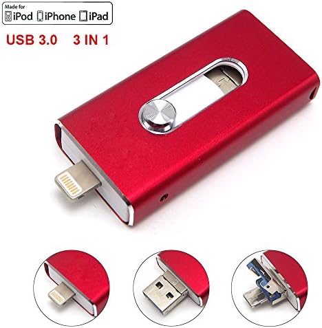 Escomdp USB 3.0 Flash Drives for iPhone 5 6 7 Plus, iPad iOS Lightning Apple Device, 3-in-1 Mobile Phone OTG Flash Memory Stick Storage Expansion for Android &amp; Computers (32GB, Red)