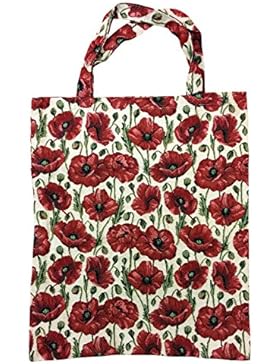 Einkaufstasche, Stofftasche Leinen 40 x 32cm, Motiv roter Mohn, Einkaufsbeutel Gobelin-Stil