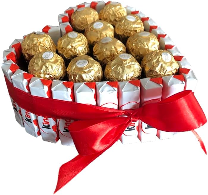 Tartas Kinder: Cesta de chocolate perfecta para regalar en Navidad, San Valentín y cumpleaños con Kinder Bueno, Schoko Bons, Ferrero y flores preservadas (Corazón medium Ferrero)