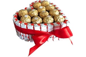 DESAYUNOS A LA CARTA Tartas Kinder: Cesta de chocolate perfecta para regalar en Navidad, San Valentín y cumpleaños con Kinder Bueno, Schoko Bons, Ferrero y flores preservadas (Corazón medium Ferrero)