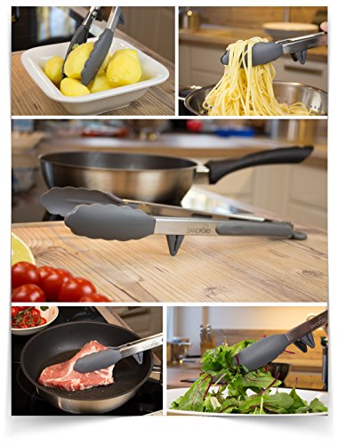 Die schlauere Küchen- und Grillzange! Premium Sandford Küchenzange mit integriertem Standfuß I Hygienisch-sauberes Ablegen beim Kochen, Grillen, Backen und Servieren | Aus Edelstahl mit Silikon in bester LFGB Qualität | lebensmittelsicher & schadstofffrei I Die ideale universal Mehrzweck Zange für Fleisch, Salat, Spaghetti, Wurst, Aufback-Brötchen und vieles mehr… - 5