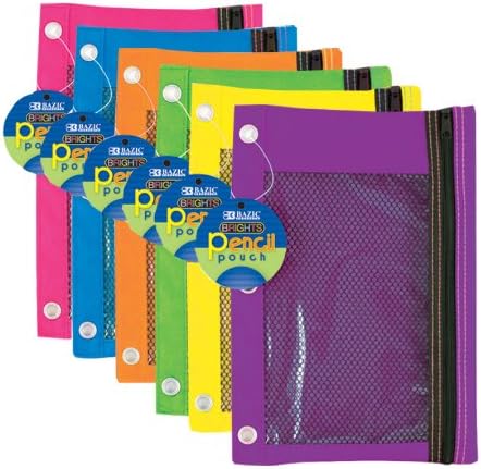 BAZIC Bright Color 3-Ring Pencil Pouch w/Mesh Window, Case of 144 (804-144),Multiple