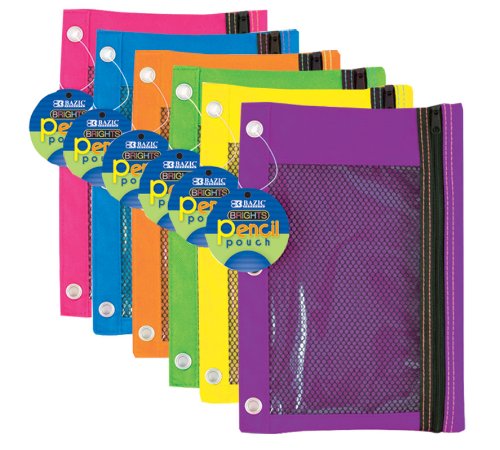 BAZIC Bright Color 3-Ring Pencil Pouch w/Mesh Window, Case of 144 (804-144),Multiple