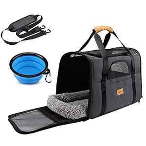 Cat Carrier Dog Carrier, Pet Travel Carrier Airline Approved for Small Dogs Puppies Cats of 15lbs, Portable Pet Transport Bag with Adjustable Shoulder Strap + Removable Soft Cushion + Foldable Bowl