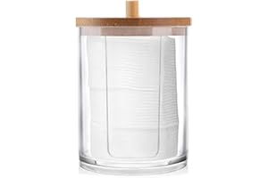 bolukets Makeup Organiser Clear Bathroom Canisters Cotton Pad Holder Wool Pads Holder with Bamboo Lid Clear Cotton Swab Dispenser Ear Bud Jar Hair Pins Round Container Cotton Puff Storage Box(7*9.2cm)