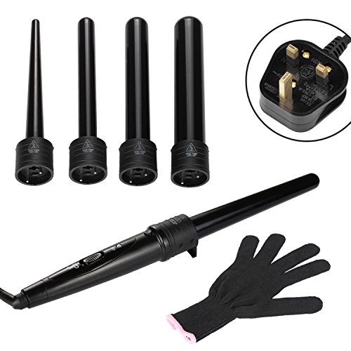 NexGadget 5-in-1 Hair Curler Curling Wand Set Curling Tongs Curling Iron with 5 Interchangeable Barrels and Heat Resistant Glove - Black