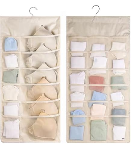 Organisateur De Rangement Suspendu Double Face - 15 Poches - Pour Soutiens-gorge, Chaussettes, Sous-vêtements - Gris, 78x35.5 Cm