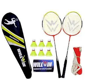 Shivgan Fighter Aluminum Badminton Racket Set of 2 with 6 Pieces Nylon Shuttles with Full Cover(Multicolor)