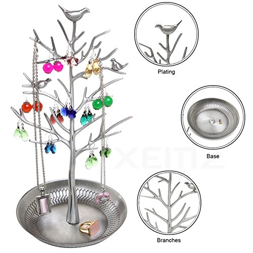 Jewelry Stand, Metal Earring Display Holder, Necklace Bracelet Storage Organizer, Ring Tray Dangler Branch Rack, Chain Watch Key Tabletop Showcase Hanger, Unique Gift for Ladies Women (Silver)