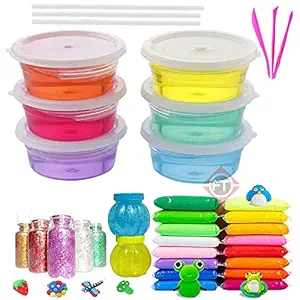 Firstly Traders New Creative Slime Kit with 6 Crystal Slime + 12 Air Dry Clay+ 2 Slime Pot with Free Straws, Tools, Glitter for Kids Boys and Girls Age 3+ Years Slime Putty Toys