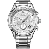 BUREI Herren Analoge Quarz Armbanduhr Chronograph Stoppuhr Multi-funktion mit Weißem Zifferblatt Datumsanzeige und Edelstahl Armband (Weiß)