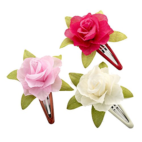 GIZZY® Girls Three Piece Cream, Pink & Fuchsia Pink Rose Hair Snap Clip Set.