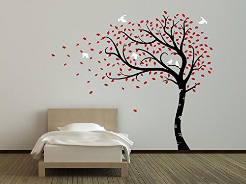 Premium Large Sweeping Autumn Tree with leaves and birds. Quality Vinyl Matte Wall Decal Sticker (h. Black with wine red leaves &amp; white birds)