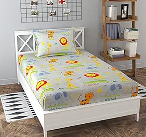 Comfort Lifestyle 240 TC Soft Glace Cotton Cartoon Print Single Bedsheet with Pillow Cover (Cream, Bedsheet Size 60x90 Inches, Pillow Cover Size 18x28 Inches)