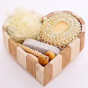 Herbal Brews - Gift Set for Women & Men for Bath & Body Care - Gift Hamper for At Home Shower & Spa - Wooden Heart Box with Body & Foot Massager, Pumice Stone, Bamboo Hair Detangling Brush, Loofah, Body Sponge Hemp - 1 Set