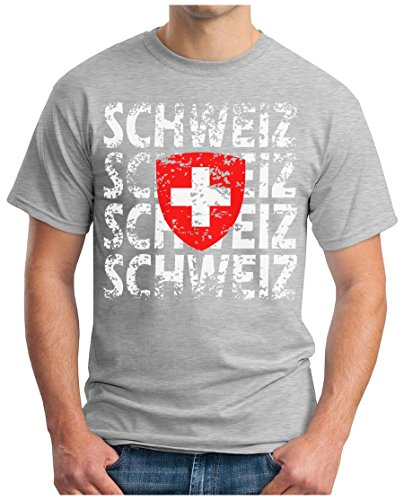 OM3 – SCHWEIZ – T-Shirt SWITZERLAND EM 2016 FRANKREICH FRANCE FUSSBALL FANSHIRT SOCCER CUP SPORT TRIKOT EUROPAMEISTER, XXL, grau meliert