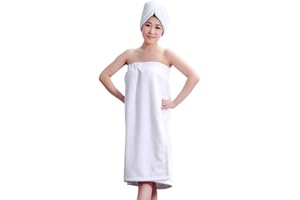 niceyea Ultra Absorbent Microfiber Sexy Spa Bath Wrap Cover Up Towels Set Soft Cozy Fleece Terry Bathrobe Dress Robe Nightgown Sleepwear with Shower Hair Drying Turban Cap Hat,White,70 x 140 cm