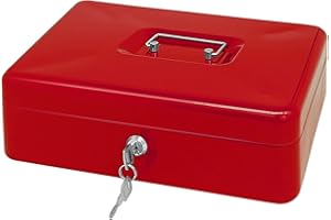 PACOLO Steel Cash Box with Key Lock, Metal Small Money Organizer with Money Tray,Cash Storage Box with Lockable Cover (Red-30 * 24 * 9 CM)