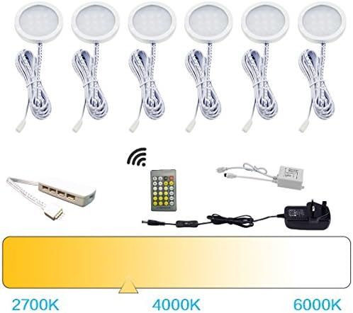 AIBOOLED Under Cabinet Kitchen Lights Kit Set of 6,Adjustable Colour Temperature 2700K-6000K Under Cupboard Kitchen Lightwith Remote,Under Counter Lights with Dimmable for Counter Shelf