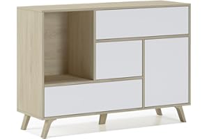 Skraut Home | Aparador para Salón o Comedor | 86 x 120 x 40 cm | Buffet con 1 Puerta + 3 Cajones | Modelo Wind | Madera Resistente | Acabado Roble/Blanco