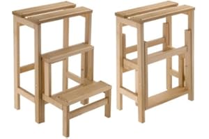 MOTTIWOOD Sgabello con Ribalta, 3 Gradini, Richiudibile, Antiscivolo, Salvaspazio, Legno Faggio, Dimensioni: 37 x 42.5 x 58 cm