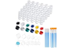 iNelihoo 120 TöPfe Leere Farb TöPfe mit 20 kleinen Pinseln 20 Streifen 3 ml Durchsichtige Kunststoff-Aufbewahrungsbehälter Mini Farbtopf Aufbewahrungsbehälter arbbecher mit Deckel Pod für Schulen