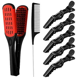Hair Straightening Comb Boar Bristle Clamp Hair Brush Double Sided Hair Straightener Hair Splint Comb with 5 Pieces Alligator Hair Clips, Pin Rat Tail Comb for Hair Styling Curling Tools (Red Comb)