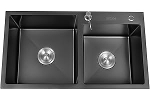 HAUTOUR Fregadero de acero inoxidable, 78 × 43 cm, 2 cuencos, de acero inoxidable, empotrable, con orificio para grifo y escurridor, para armario bajo de 43 cm (fregadero de acero inoxidable 304)