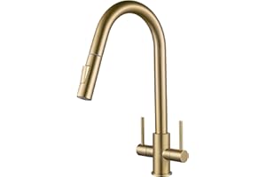 Kitchen Sink Mixer Tap with Pull Out Spray, NewEast Brushed Gold Kitchen Tap, Modern Swan Neck Dual Lever Pull Down Kitchen Faucet