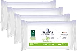 POUPINA - Lingettes bébé Naturelles x60 - Sans Parfum, Hypoallergéniques - Hydratantes et Protectrices - Fibre 0 plastique 100% Naturelle - Vegan - 99,6% d'ingrédients d'Origine Naturelle - Lot de 4