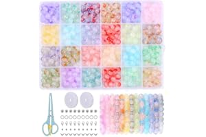 Comius Sharp Lot de 480 perles colorées 8 mm pour bracelets, 24 couleurs de verre, avec ciseaux et cordon en caoutchouc, bijoux, bracelets