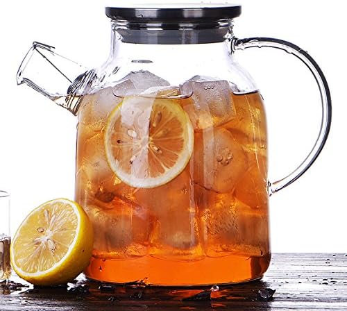 Ceramic Story Borosilicate Glass Iced Tea Pitcher, Glass Water Carafe with Stainless Steel Lid,1600ml