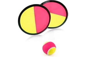 HONGECB Jeu Catch Ball and Toss, Jeux de Lancer Velcro Raquette, Balle Raquette Scratch Jeux, Jeu Velcro Attrape Balle, Jouet de Balle Paddle Catch, avec 2 Palettes et 1 Balles, Jaune Rouge
