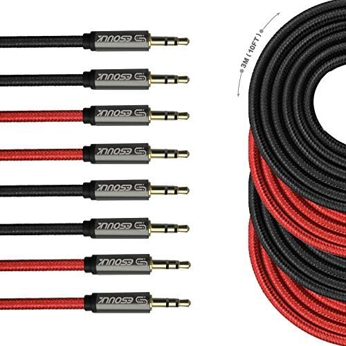 Tangle-Free Male to Male 3.5mm Auxiliary Cable [10ft] Gold Plated Connectors for Apple, Android Smartphones,Tablet,MP3 Players and more (Black+Red [4-Pack])