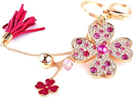 Sewanz Women's Gold Tone Rhinestone Four Leaf Clover Key Rings, Leather Tassel Dangle Key Chain, Bag Decorations