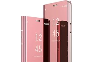 COTDINFOR Huawei Mate 8 Custodia Placcatura Specchio Clear View Standing Cover Slim Mirror Flip Portafoglio Antiurto Case con Funzione Stand per Huawei Mate 8 Mirror PU Rose Gold MX.