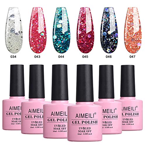AIMEILI Soak Off UV LED Paillettes Vernis à Ongles Gel Semi-Permanent Lot Color Mix/Multi-Colored Kit Set Ensemble de Couleurs 6 X 10ml - Set 6