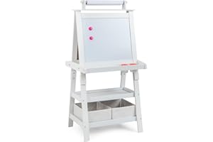GYMAX Cavalletto per Bambini 3 in 1, Lavagna Magnetica con Doppia Faccia,2 Vassoi e 2 Scatole, Cavalletto per Dipingere, Inclusi Carta per Dipingere e Magneti, 59 x 50 x 117 cm (Bianco)