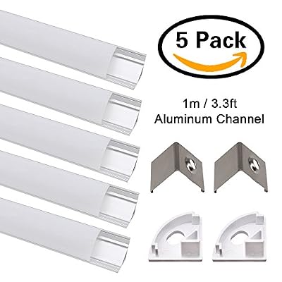 Jirvyuk Profilé Aluminium LED, Jirvyuk de 5 x 1 Mètre V- Shape Canaux pour LED Bande Lumières Avec Blanc Laiteux Couvercle, Embouts et Clips de Montage en Métal (Argent)