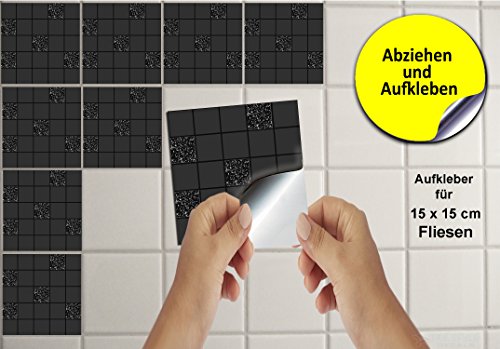 30 stück Fliesenaufkleber für Küche und Bad (Tile Style Decals 30xTP 71 -6in- Black Glitter Mosaic) | Mosaik Wandfliese Aufkleber für 15x15cm Fliesen | Fliesen-Aufkleber Folie Farbe – Mitternachtsblau | Deko-Fliesenfolie für Küche u. Bad (15cm – 30 stück, Schwarz Mosaic) - 3