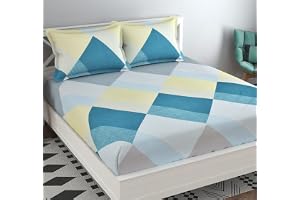 NEW LEAF Cotton All Around Elastic Fitted Premium Prints Queen Size Double Bed Bedsheet with 2 Large Pillow Covers Fits Upto Mattress of 8 Inches, Size-60"x78" Inches, Grey Abstract , 180 - 200 tc