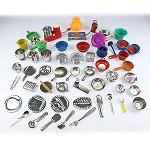 52 Pieces - Miniature Kitchen Set, Mini Kitchen Set for Kids, Choppu Jaman, Stainless Steel Kitchen Set for Girls, Miniature Cooking Set (Pack - 52)