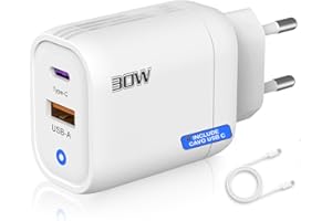 THREE STARS 3-STARS - Caricatore USB C 30W - 2 Porte (tipo C + tipo A) con QC 3.0 - Caricabatterie Rapido Multiplo per iPhone, Galaxy, Xiaomi, iPad - Certificato CE (Bianco)