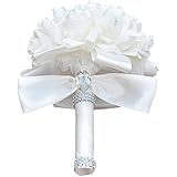 White+White : Colorful Foam Roses Artificial Flower Wedding Bride Bouquet Party (White+White)