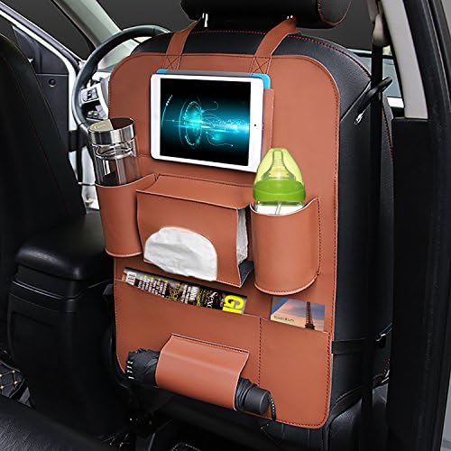 Eunicom 5 Color Option PU Leather Car Seat Back Organizer AutoMuko iPad and Tablet Holder Fit Most Vehicles,Backrest Pocket for Children, Kick Mat and Car Organizer (Brown)