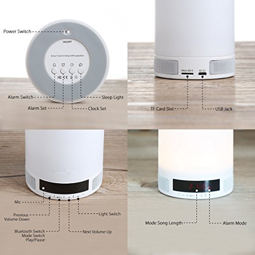 LUJII Bluetooth Lautsprecher Wireless Lautsprecher Lampe Lautsprecher Neueste Intelligente Tragbares Bluetooth Lautsprecher Multi Funktion Musik Sound Box LED Kinder Nachtlicht Touch Control Lamp (4 Dimmstufen Touch Lighting Sensor Schalter Augenschutz Lichtquelle) und Wecker Alarm mit Eingebauten Wiederaufladbaren 1800mAh Batterie – TF Karte Unterstützt – Freisprecheinrichtung – USB Charging Bluetooth Speaker Geeignet für den Innen und Außengebrauch Kids Home Deco Arbeiten Lesen Camping usw - 5