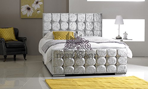 mm08enn Cubed Diamante Crushed Velvet Fabric Upholstered Bed Frame 4ft6 Double, 5ft kingsize (4ft6 Double, White)