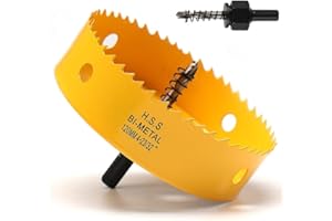 FASTDEPLE Scie cloche, 120mm scie cloche bois, Scie Trépan avec adaptateur hexagonal et embout central, Bi-métal HSS M42 scie cloche pour plastique, aluminium, plaques de plâtre, Jaune