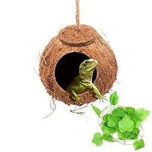 Crested Gecko Coco Hut Shell Bird House, Sturdy Hanging Home, Climbing Porch, Hiding, Sleeping&Breeding Pad, Rough Texture Encourages Foot and Beak Exercise, Suitable for Reptiles, Amphibians (1-Hole)